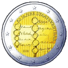 2 euros commemo 2005 - 50th birthday of the Treaty of Austrian state + heraldic representation of the Austrian flag
