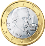 1 euro - Wolfgang Amadeus Mozart + heraldic representation of the Austrian flag