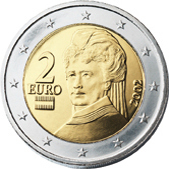 2 euros - Berta Van Suttner (activist defending peace) + heraldic representation of the Austrian flag