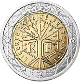 2 euros - Arbre (symbole de vie, nature, unité, croissance et liberté) et hexagone (forme géographique de la France)