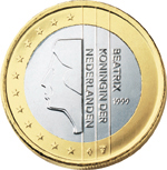 1 euro - Effigy of the Queen Beatrix looking towards the left