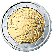 2 euros - Effigie de Dante Alighieri (écrivain) basée sur la Parnassos-fresco réalisée par Raphaël Sanzio