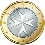 1 euro - L'emblème utilisé par l'Ordre souverain de Malte. Sous le règne du grand maître de l'ordre, de 1530 à 1798, la croix à huit pointes devint le symbole de l'île.