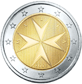 2 euros - L'emblème utilisé par l'Ordre souverain de Malte. Sous le règne du grand maître de l'ordre, de 1530 à 1798, la croix à huit pointes devint le symbole de l'île.