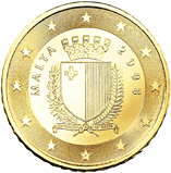 50 cents - Les armoiries de Malte, un écu comportant une représentation héraldique du drapeau national de Malte, surmonté d'une couronne murale représentant les fortifications de Malte et signifiant son statut de cité.