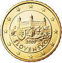 10 cents - Le château de Bratislava et lemblème national de la Slovaquie.