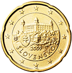 20 cents - Le château de Bratislava et lemblème national de la Slovaquie.