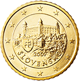 50 cents - Le château de Bratislava et lemblème national de la Slovaquie.